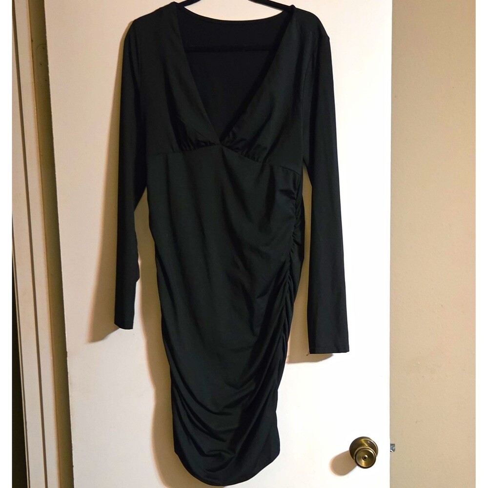 SHEIN Tall XL Black V-Neck Long Sleeve Ruched Stretch Jersey Bodycon Knee Dress